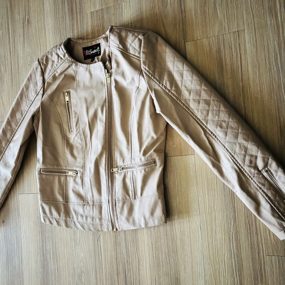 Y2K B Sweet Faux Leather Jacket Moto Beige Quilted Full Zip Womens L Rock N Roll - Picture 6 of 12